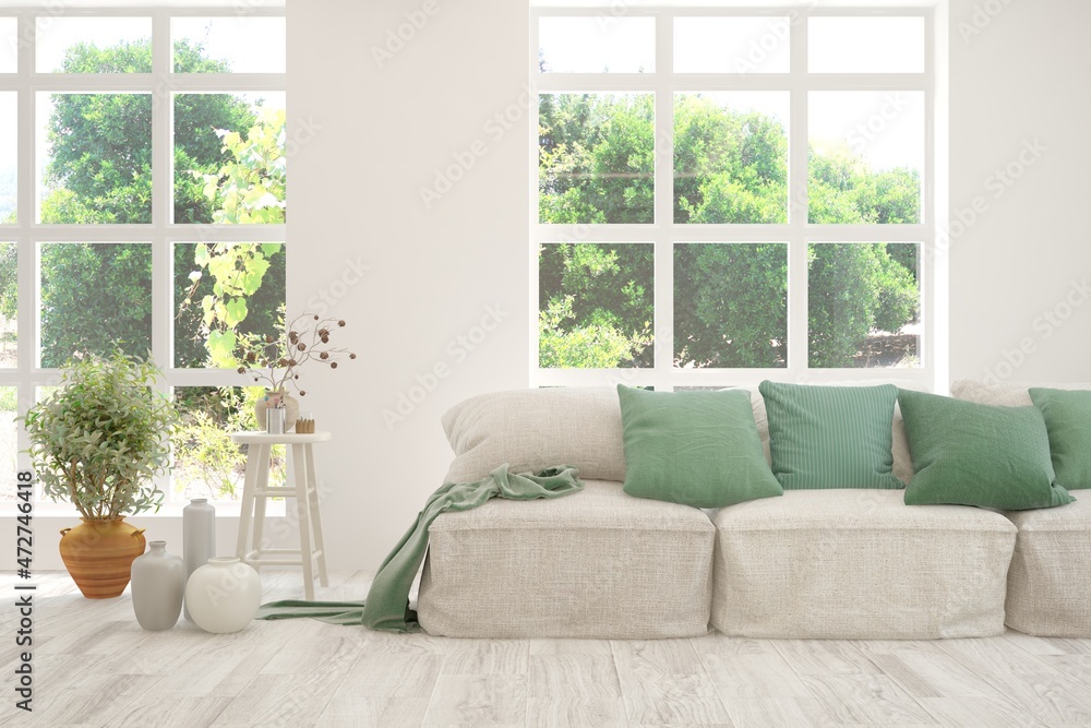 白色客厅，沙发和窗户上的夏季风景。斯堪的纳维亚室内设计。3D插图