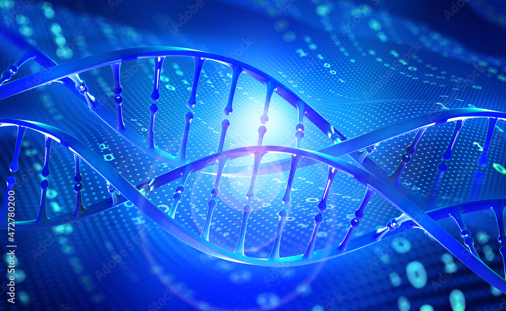 高科技和基因研究。数字编码背景下DNA螺旋的三维插图。H