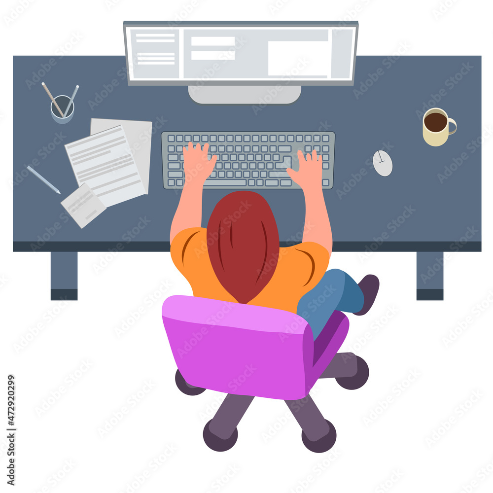 在电脑前工作，俯视图，插图女孩坐在家里电脑前工作