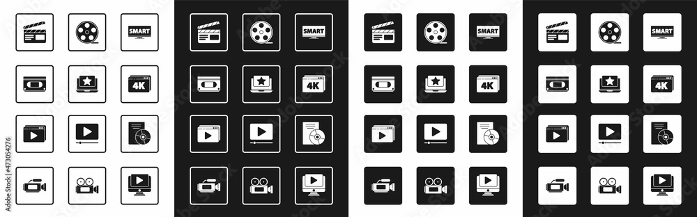 带智能视频、笔记本电脑明星、VHS盒式磁带、电影拍板、在线播放4k、电影的屏幕电视