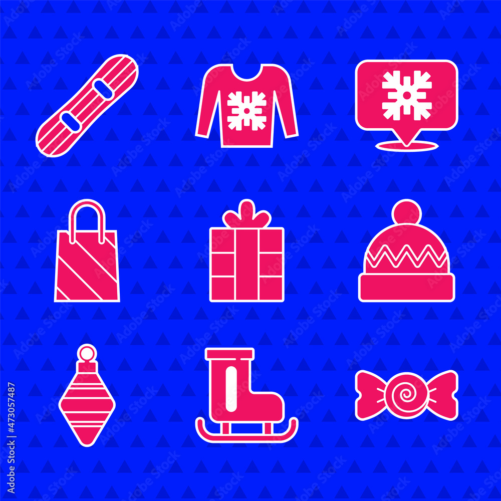 套装礼盒，花样滑冰鞋，糖果，冬帽，圣诞球，购物袋，雪花演讲泡泡