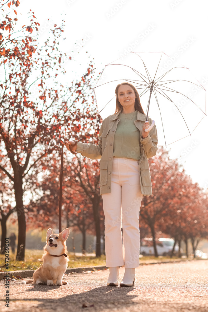 年轻女子与可爱的柯基犬在秋季公园散步