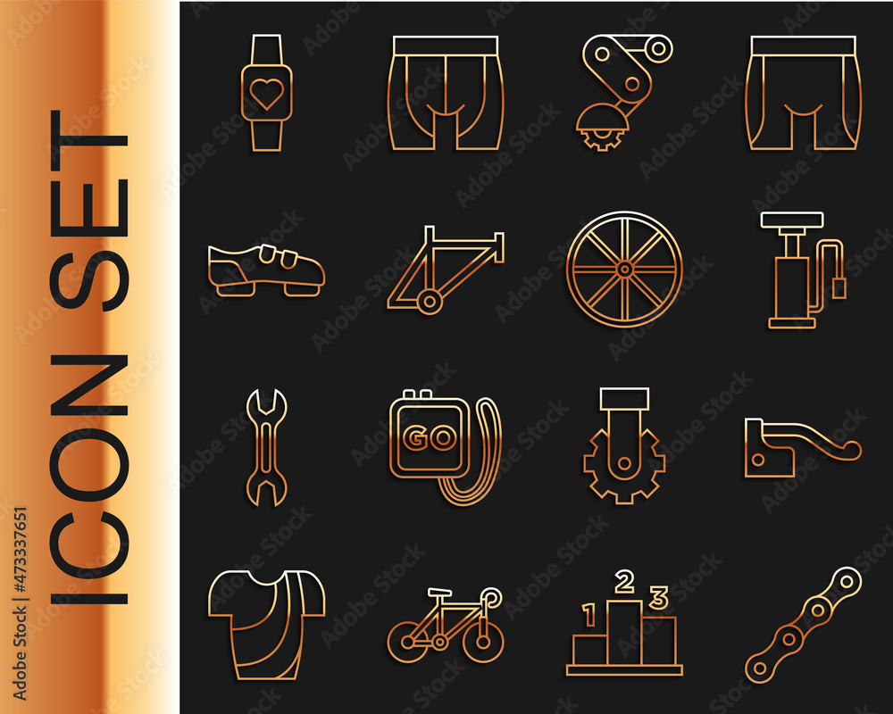 成套自行车链条、制动器、气泵、Deraileur自行车后部、车架、鞋子、智能手表和轮子
