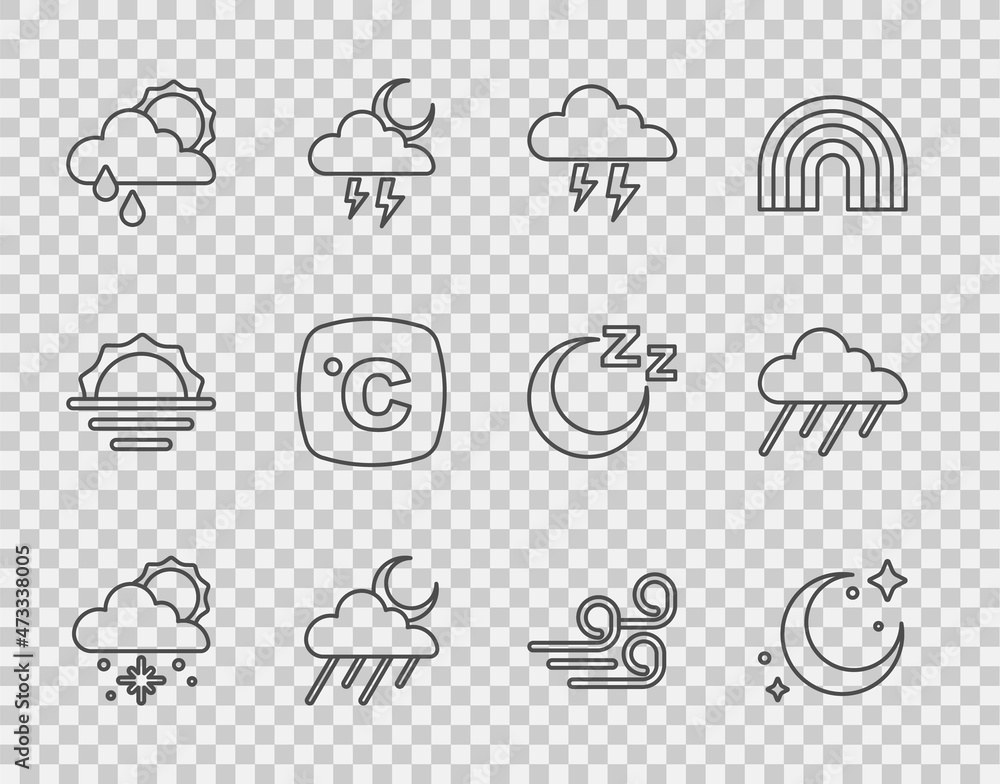 设定云与雪和太阳、月星、风暴、雨月、摄氏度、大风天气和图标。Vec