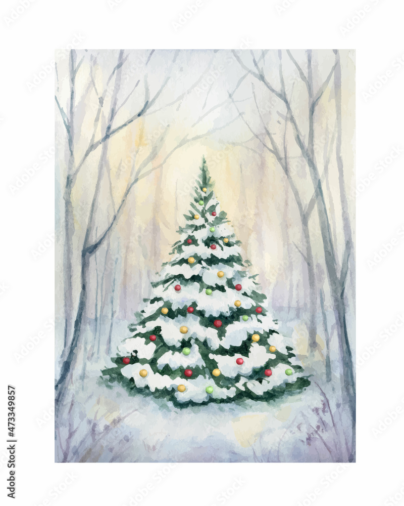 一张水彩矢量卡，上面有一棵圣诞树和一片冬季森林。