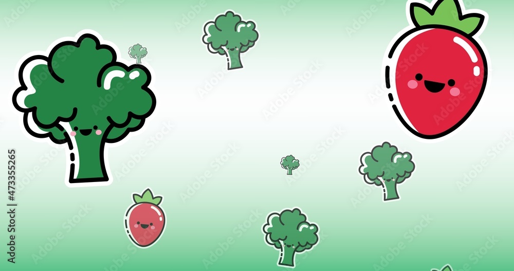 带有复制空间的绿色背景下的broccolis和草莓的矢量图像