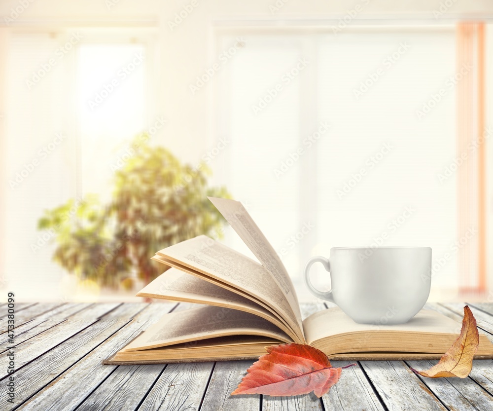 季节，休闲和物品概念，一杯咖啡，书籍，秋叶