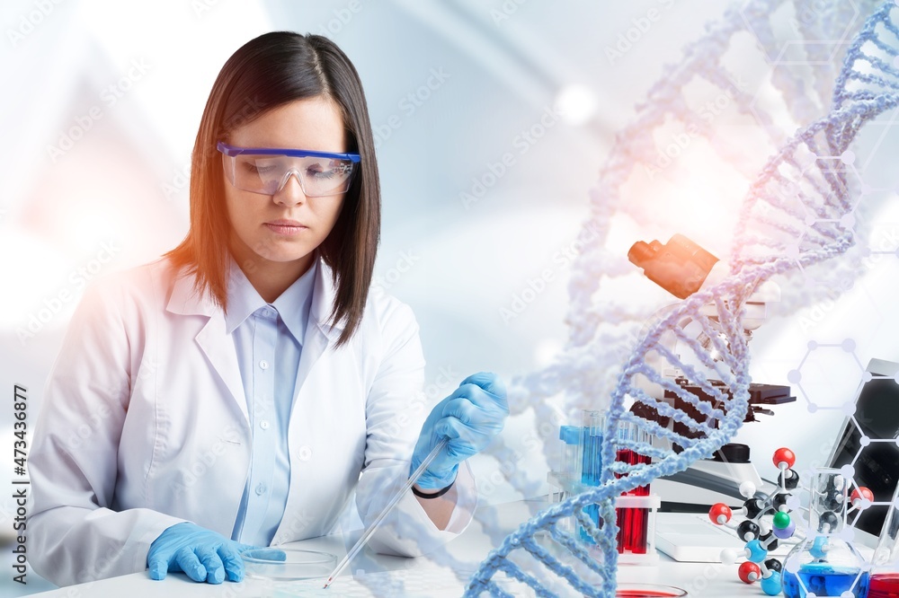 基因工程概念。基因检测。制药。实验室再生医学