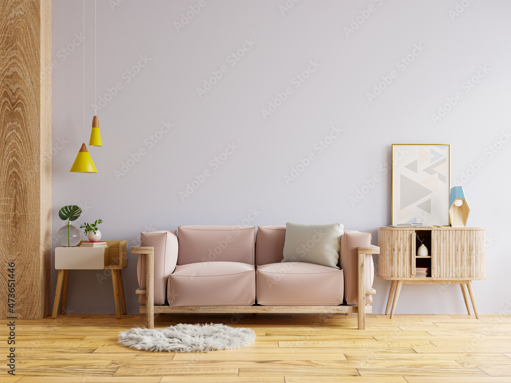 室内客厅墙壁模型，配有粉色沙发和装饰。