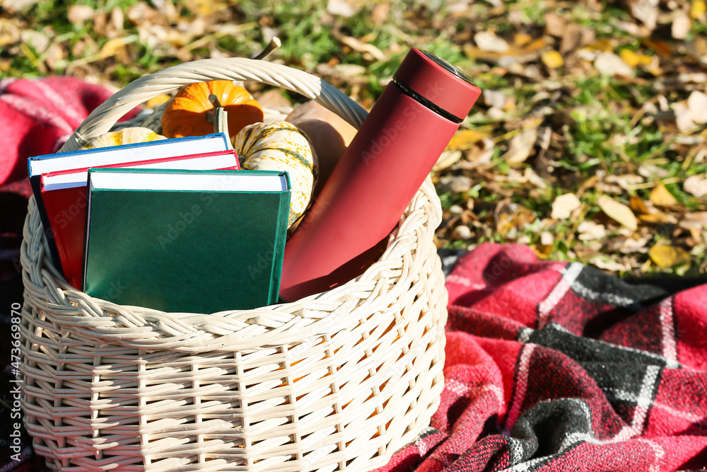 秋季公园野餐篮，格子上有书、保温瓶和南瓜