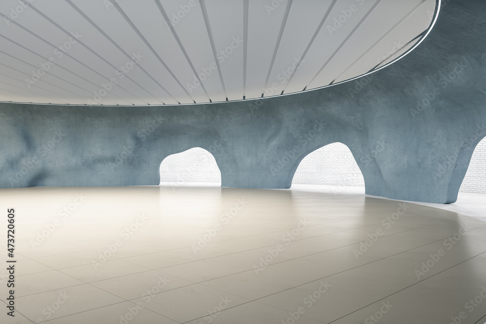 抽象的混凝土洞穴内部，白色地板上有倒影。博物馆和展览概念。3D R