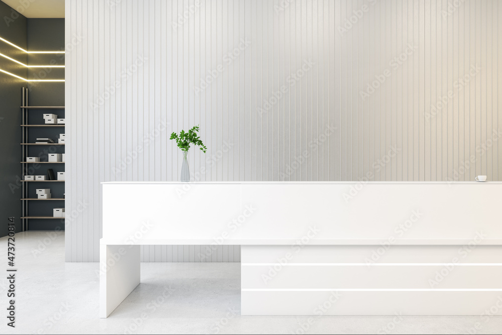 现代混凝土办公室内部，配有白色接待台和墙上的实体模型。大堂con