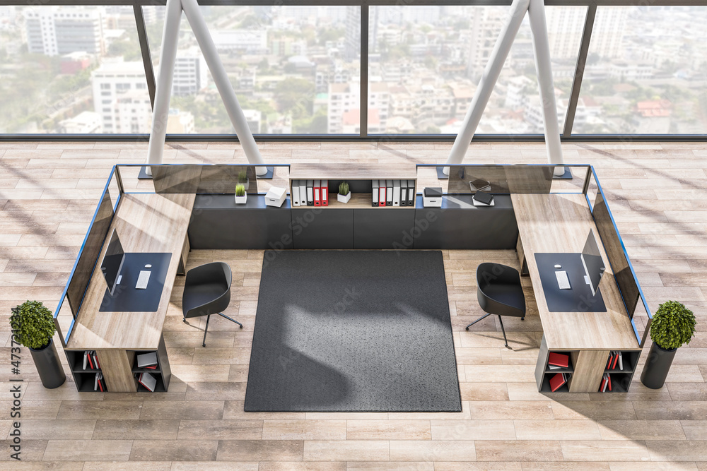 Top view of modern wooden and concrete coworking office room interior with furniture, panoramic wind