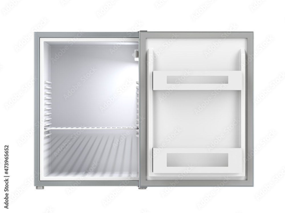白色背景下隔离的开放式小型冰箱