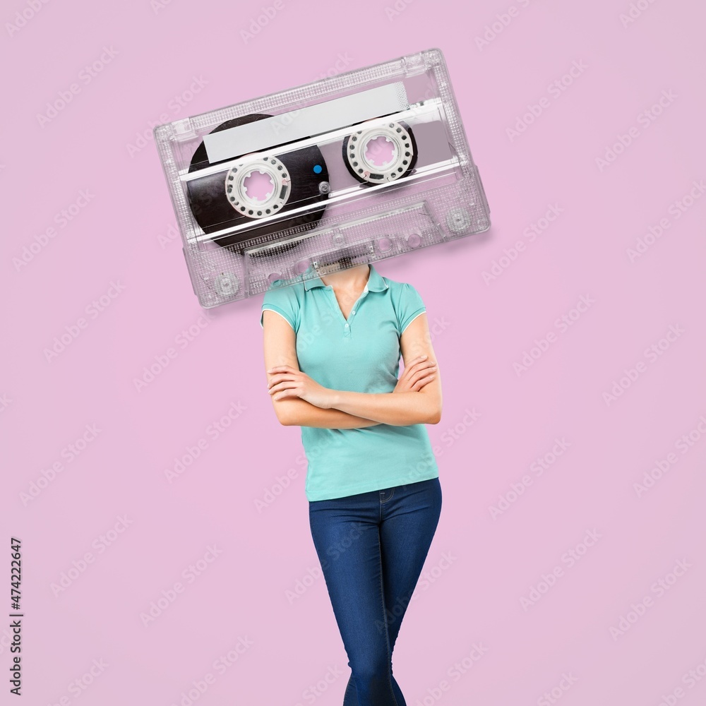 Party, music time. Magazine style. Composition with young person headed of retro tape cassette