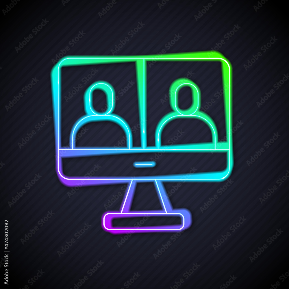 发光的霓虹灯线视频聊天会议图标隔离在黑色背景上。带视频聊天的电脑