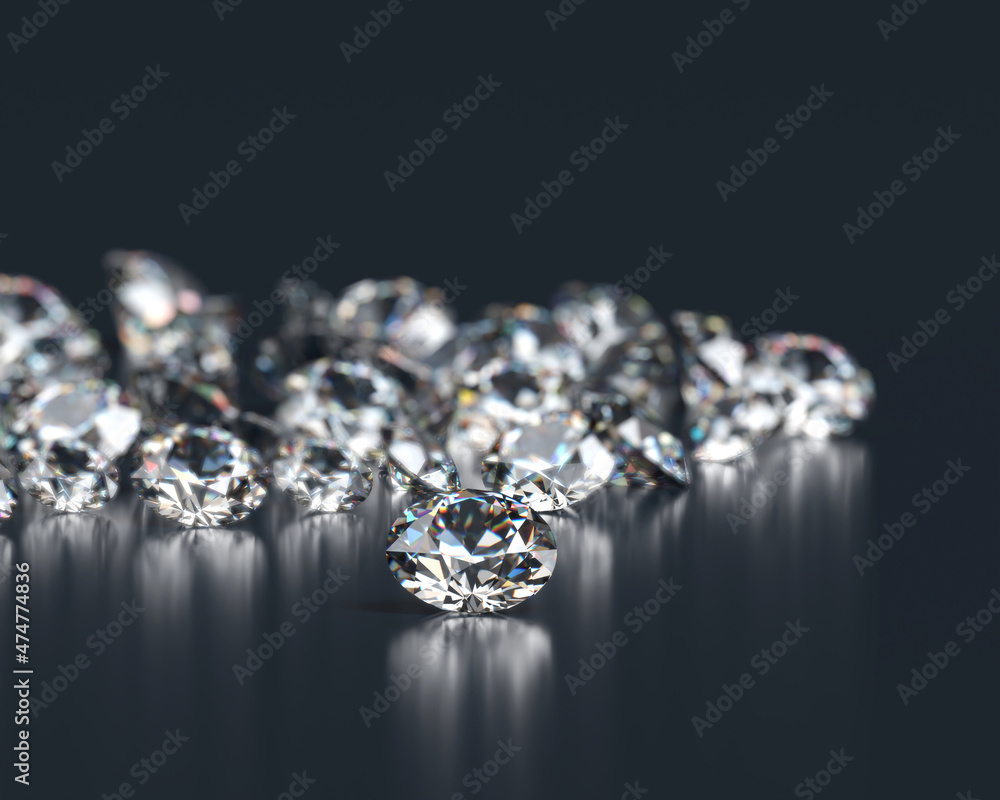 Diamond Group placed on Black Background with soft focus 3D rendering
