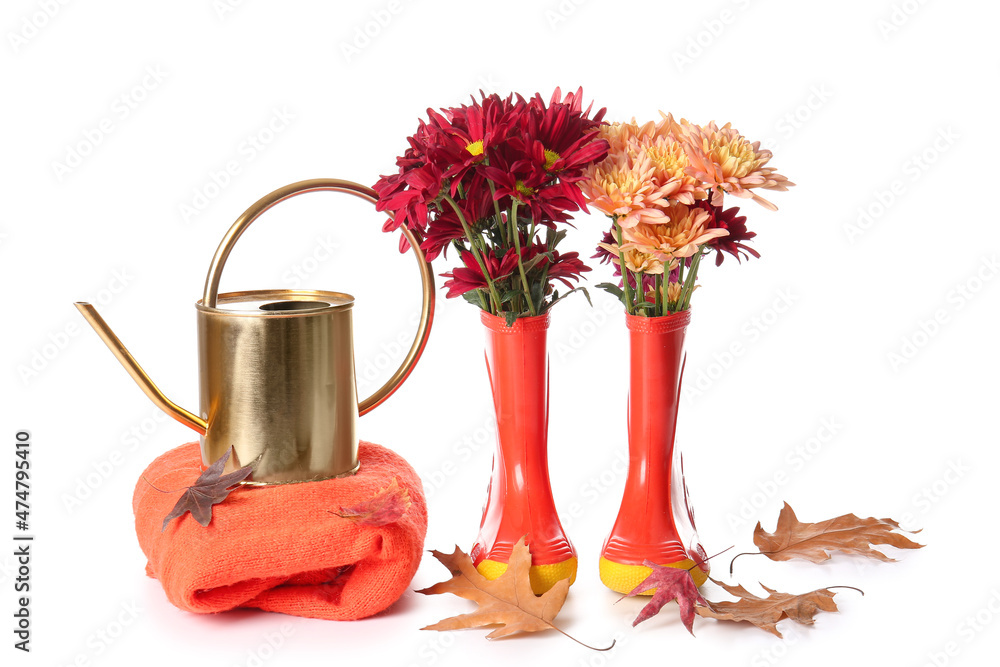 白色背景下的橡胶靴、美丽的花朵、喷壶和秋叶组成