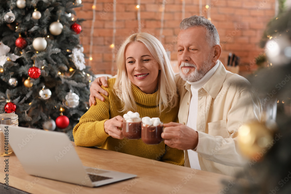 圣诞夜快乐的成熟情侣在家视频聊天喝热巧克力