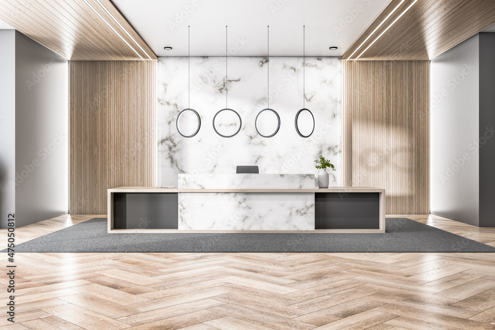 现代木制和混凝土办公大厅内部，配有接待台和装饰物品。3D渲染