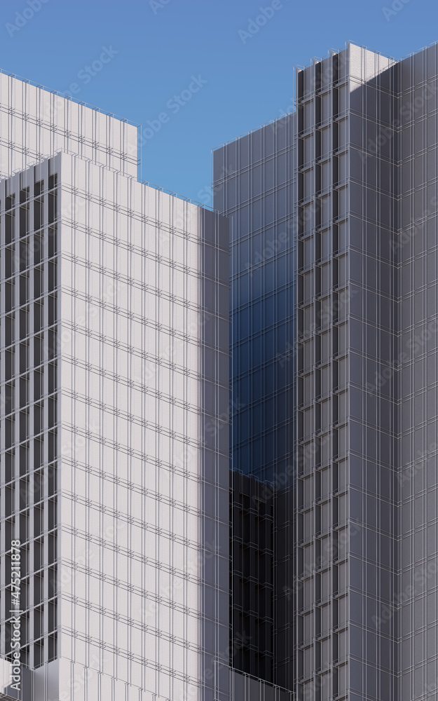 白天的城市建筑，模块化建筑，3d渲染。