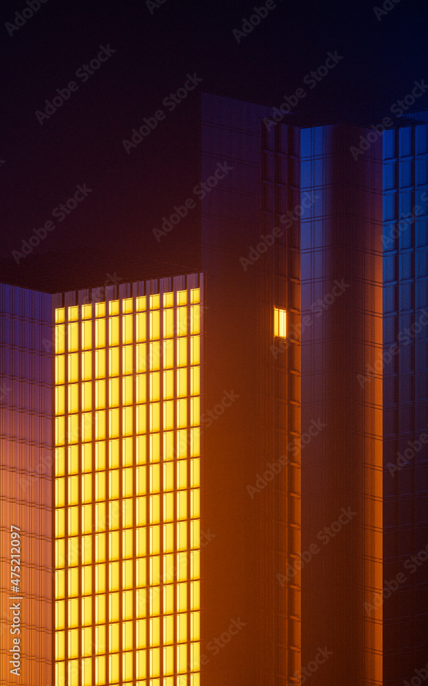 夜间城市建筑，模块化建筑，3d渲染。