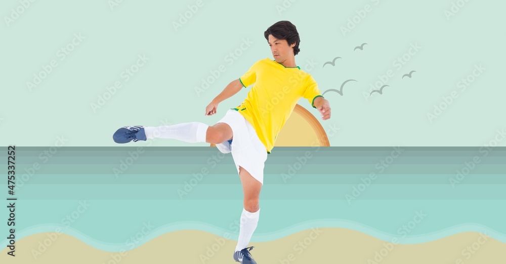 背景为海滩上的高加索男子足球运动员的合成图像