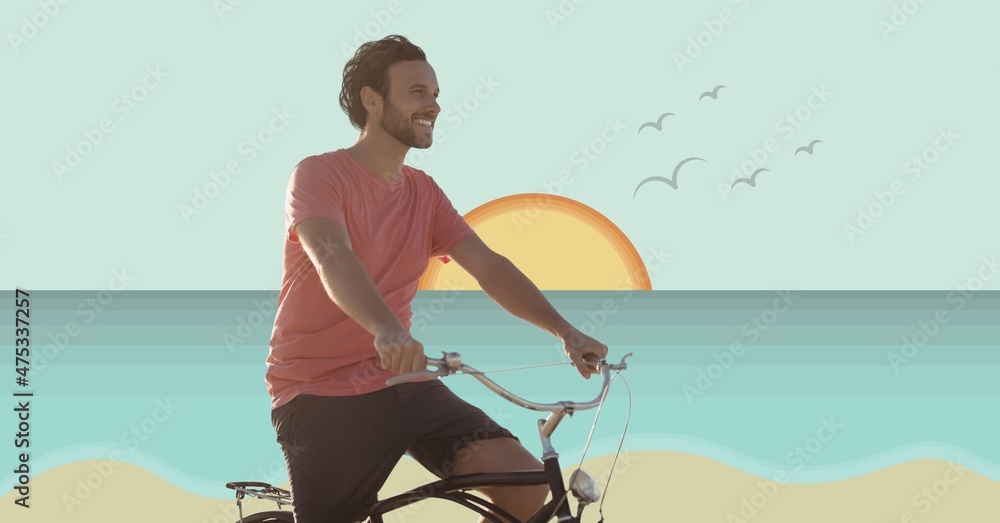 背景是一名白人男子在海滩上骑自行车的合成图像