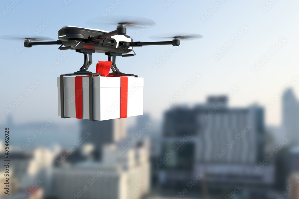 无人机送货礼盒，自动送货机器人，商务空运概念。