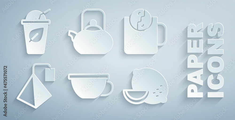 Set Cup of tea, Tea time, bag, Lemon, Kettle with handle and leaf icon. Vector