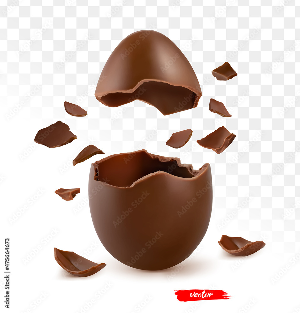 在透明背景上分离的带有巧克力块的破裂复活节彩蛋。逼真的矢量插图