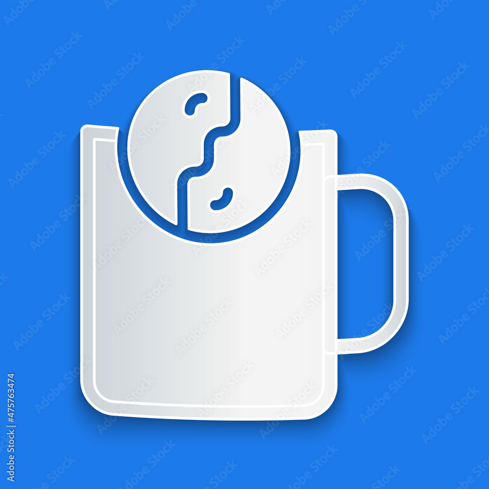 Paper cut Tea time icon isolated on blue background. Paper art style. Vector