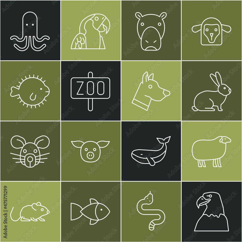 设置线鹰头，绵羊，兔子，河马或河马，动物园，河豚，章鱼和狗ic
