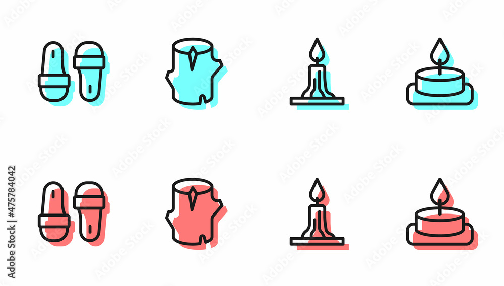 Set line Burning candle, Sauna slippers, Wooden log and Aroma icon. Vector