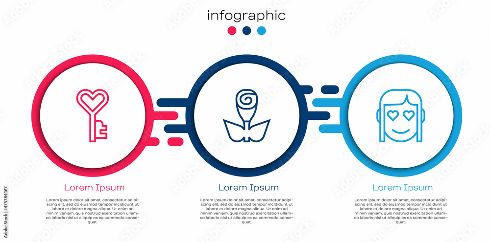 Set line Key in heart shape, Flower rose and Romantic girl. Business infographic template. Vector