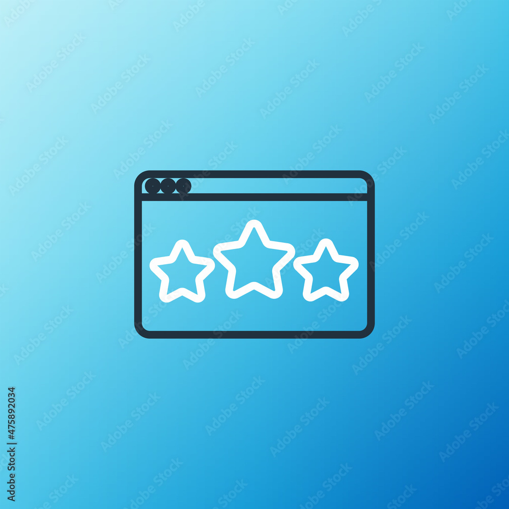 蓝色背景上隔离的五星级客户产品评级评论图标。最喜欢，最佳评级