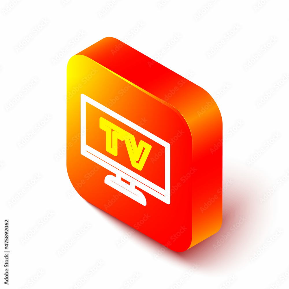 白色背景上隔离的等轴测线智能电视图标。电视标志。橙色方形按钮。Ve