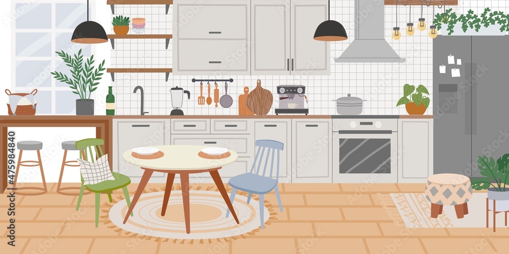 斯堪的纳维亚式厨房内部、烹饪柜和餐桌。带家具和家具的家庭烹饪室