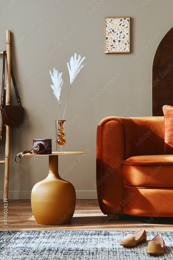 设计沙发、木制房间屏风、枕头、毯子、图片f的现代室内概念