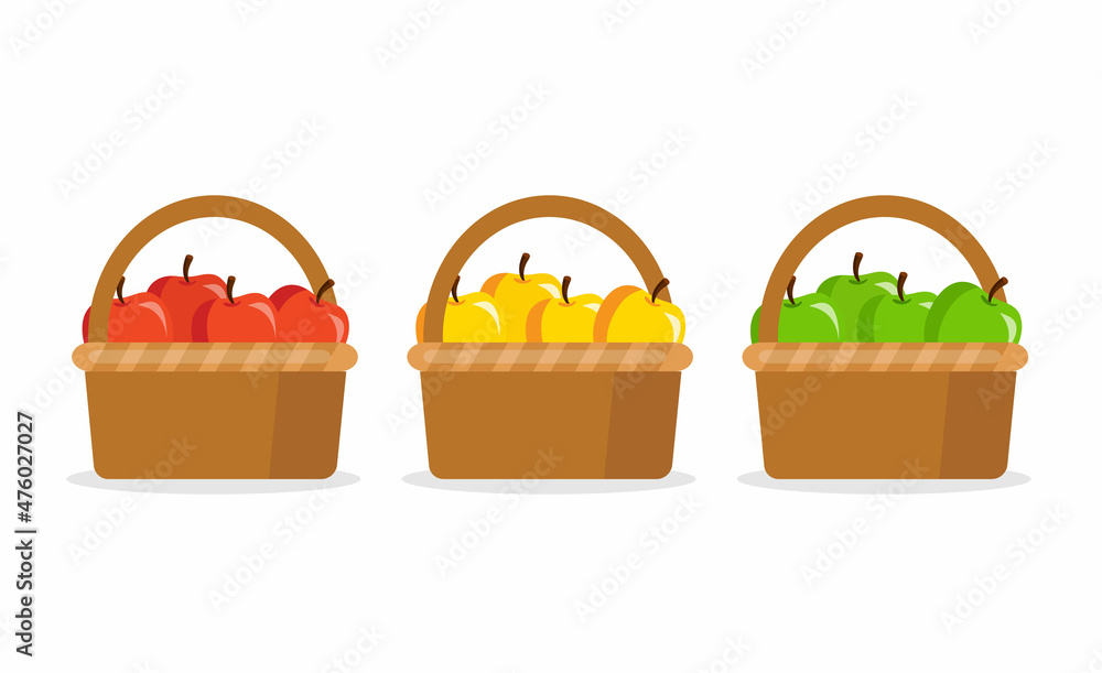 在白底上分离的柳条篮中的不同苹果。红、黄、绿苹果。矢量