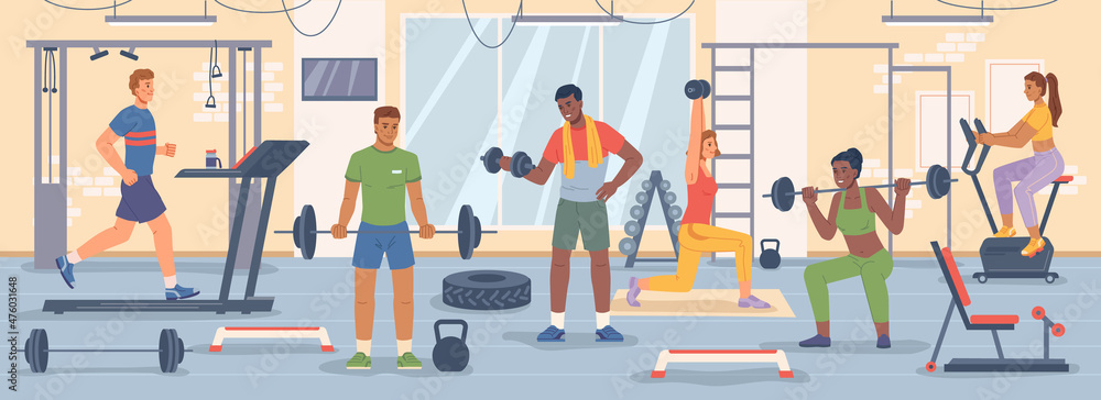 锻炼和保持健康，人们在健身房使用杠铃和哑铃锻炼，跑步机跑步