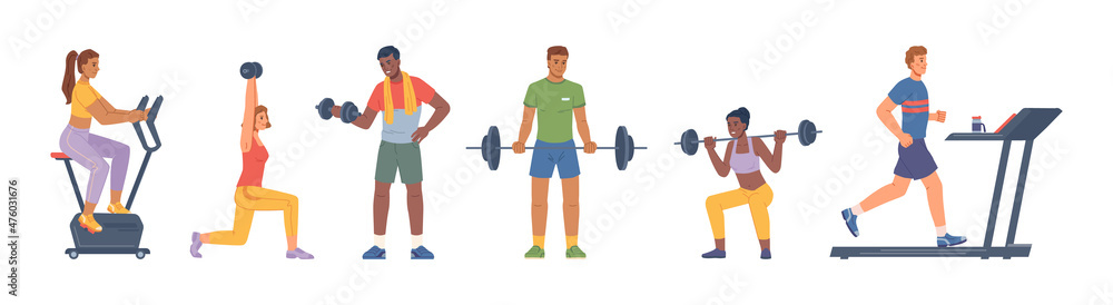 人们在健身房锻炼，使用杠铃和哑铃、跑步机、跑道和自行车。保持健身