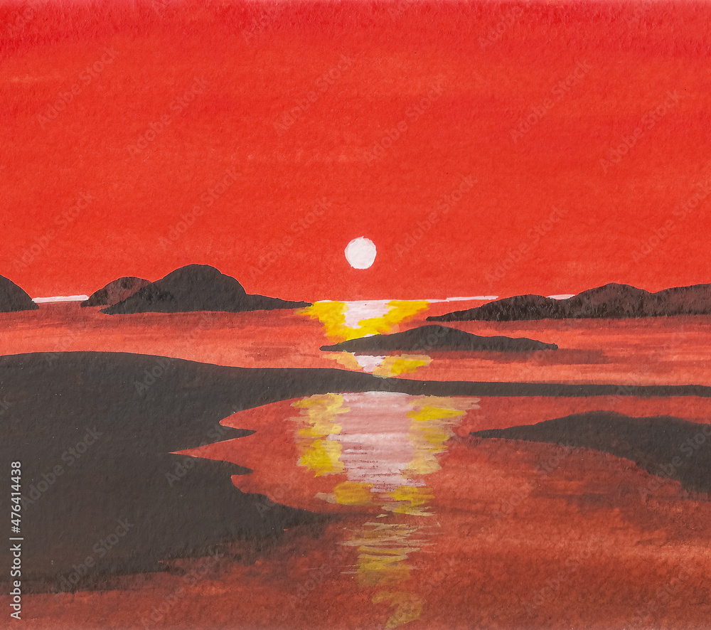 海上和黄昏的太阳在红色天空的映衬下从地平线上落下的业余水彩画