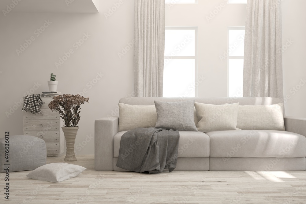 时尚的白色房间，带沙发。斯堪的纳维亚室内设计。3D插图