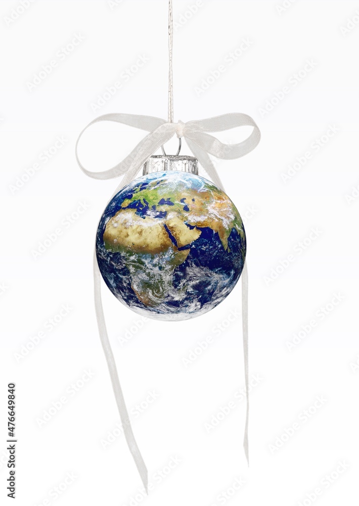 带蝴蝶结的环球圣诞装饰品。地球上的和平，环保