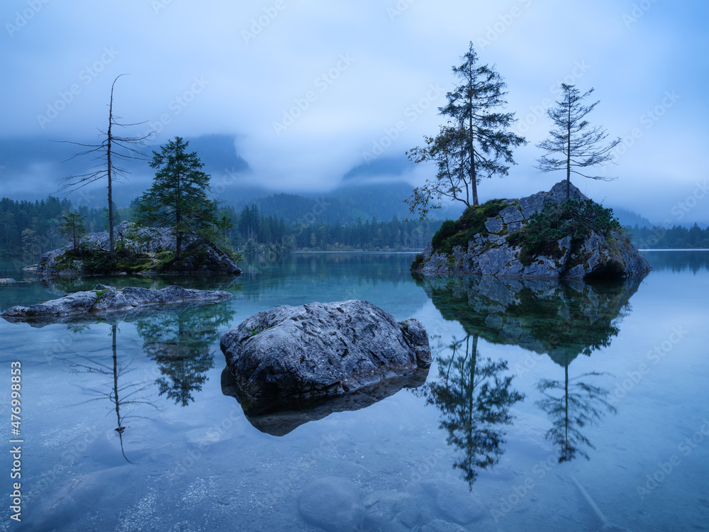 德国欣特西湖。雾中的风景。湖泊和树木。