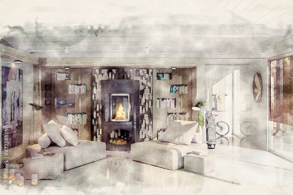 Interior Desing With aSitting Group at Fireplace Inside a Villa - Watercolor Collection