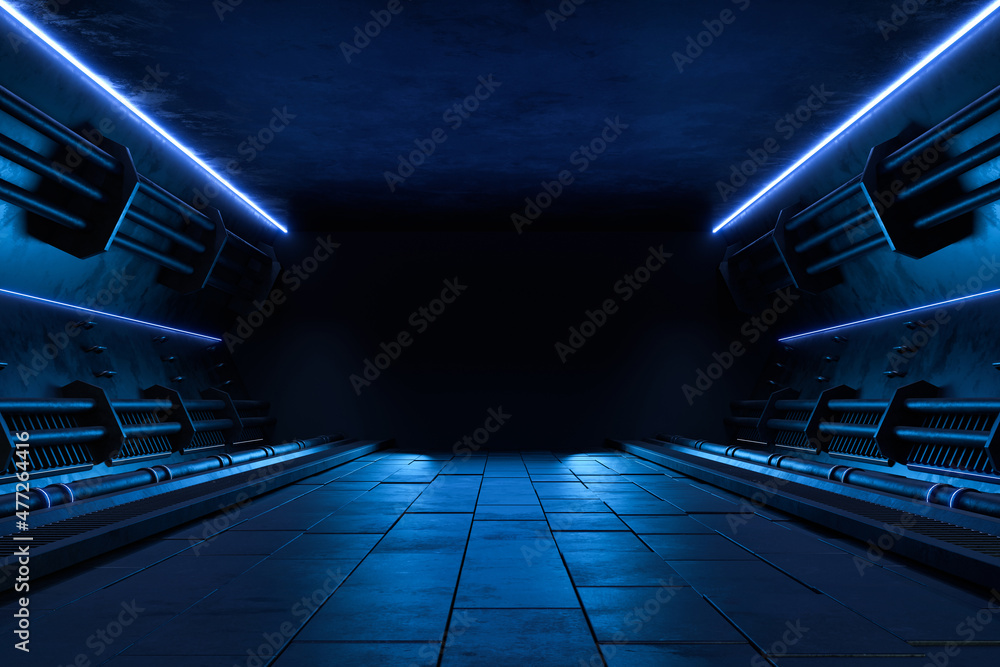 空荡荡的黑暗房间，现代未来科幻背景。