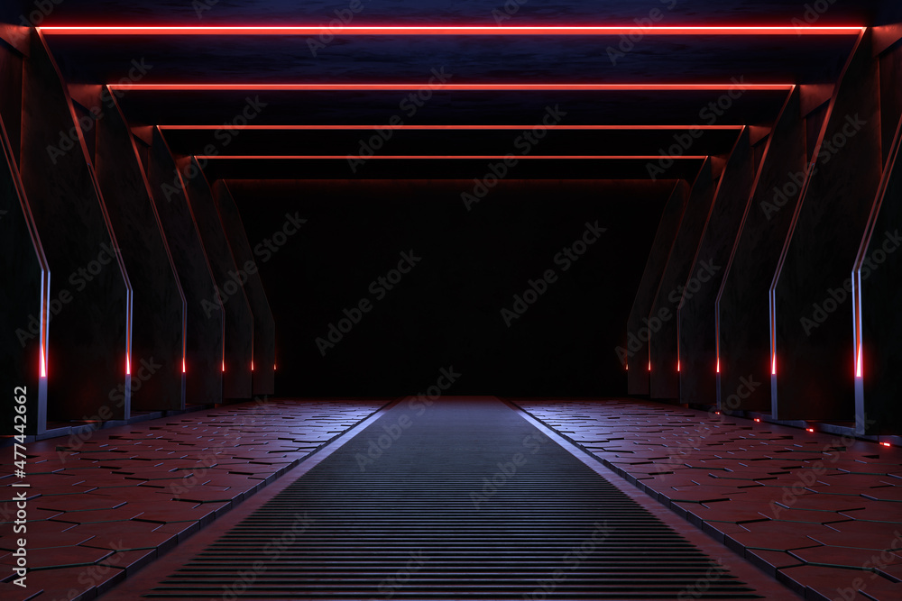 空荡荡的暗室，现代未来主义科幻背景。3D插图
