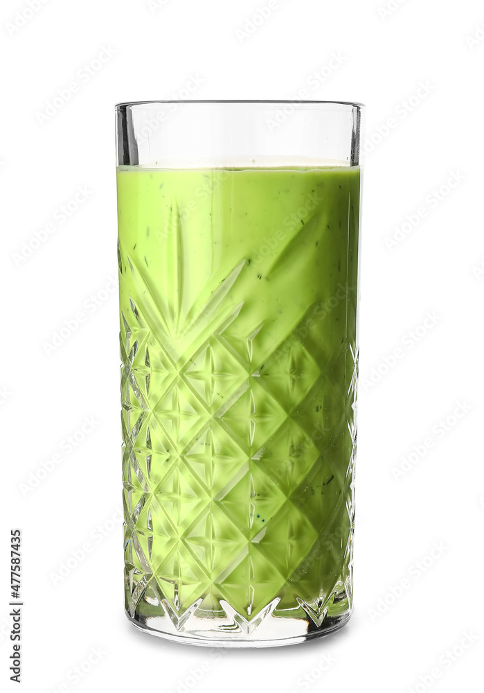 Glass of tasty green juice isolated on white background